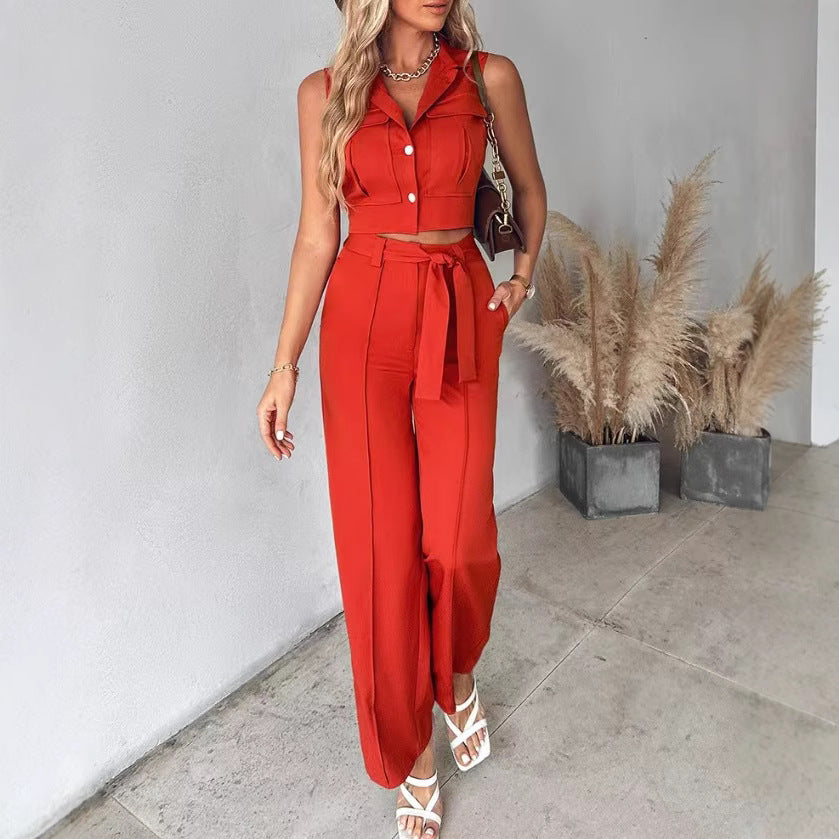 Women's Jumpsuit – Sleeveless Crop Top – High Waist Belted Pants – Soft Woven Design