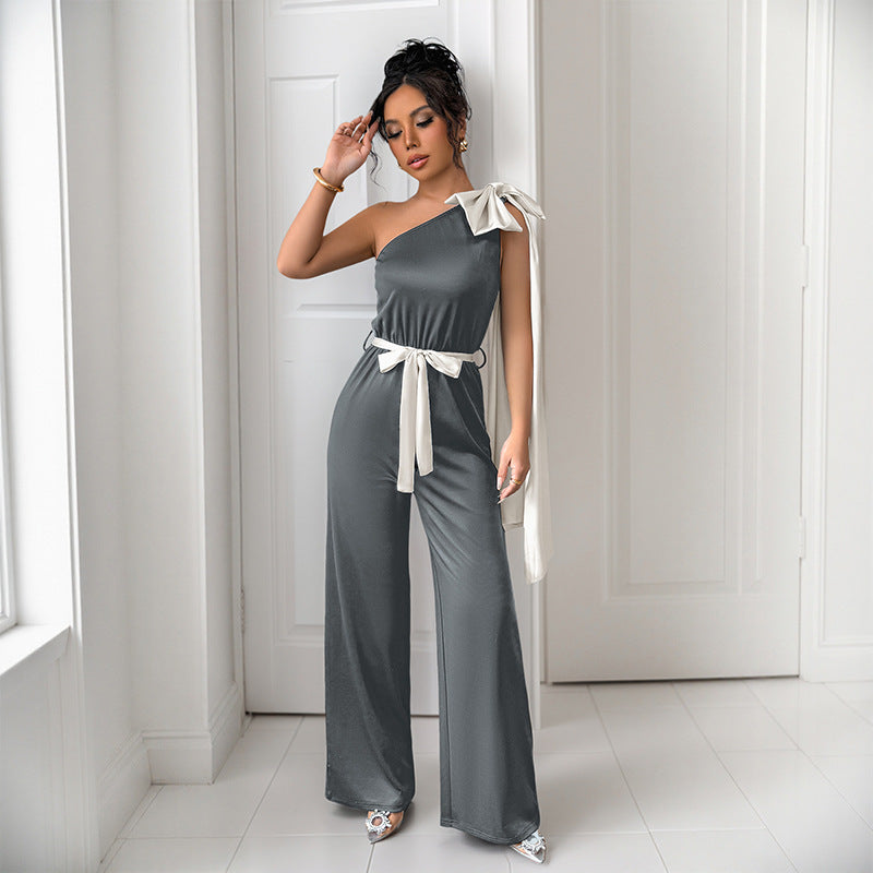 Women's Jumpsuit – Tailored Fit – Satin Look – One Shoulder with Bow Details