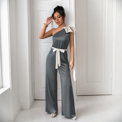 Women's Jumpsuit – Tailored Fit – Satin Look – One Shoulder with Bow Details