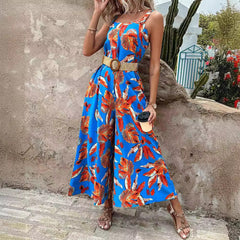 Women's Jumpsuit – Tailored Waist – Floral Print – Sleeveless – Wide Legs – Light and Breathable