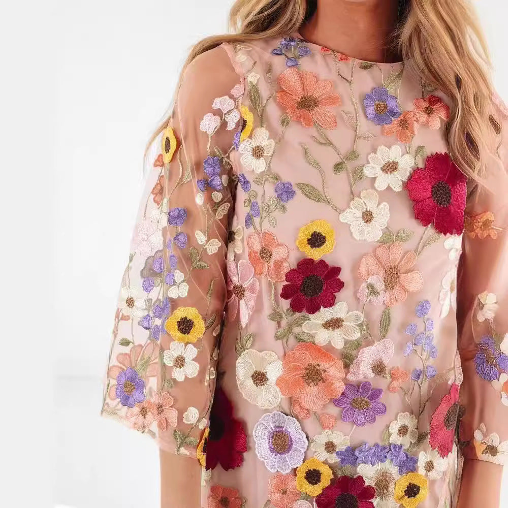Women's Tunic Dress – Light Sheer Fabric – Floral Embroidery – Mini Length – 3/4 Sleeve