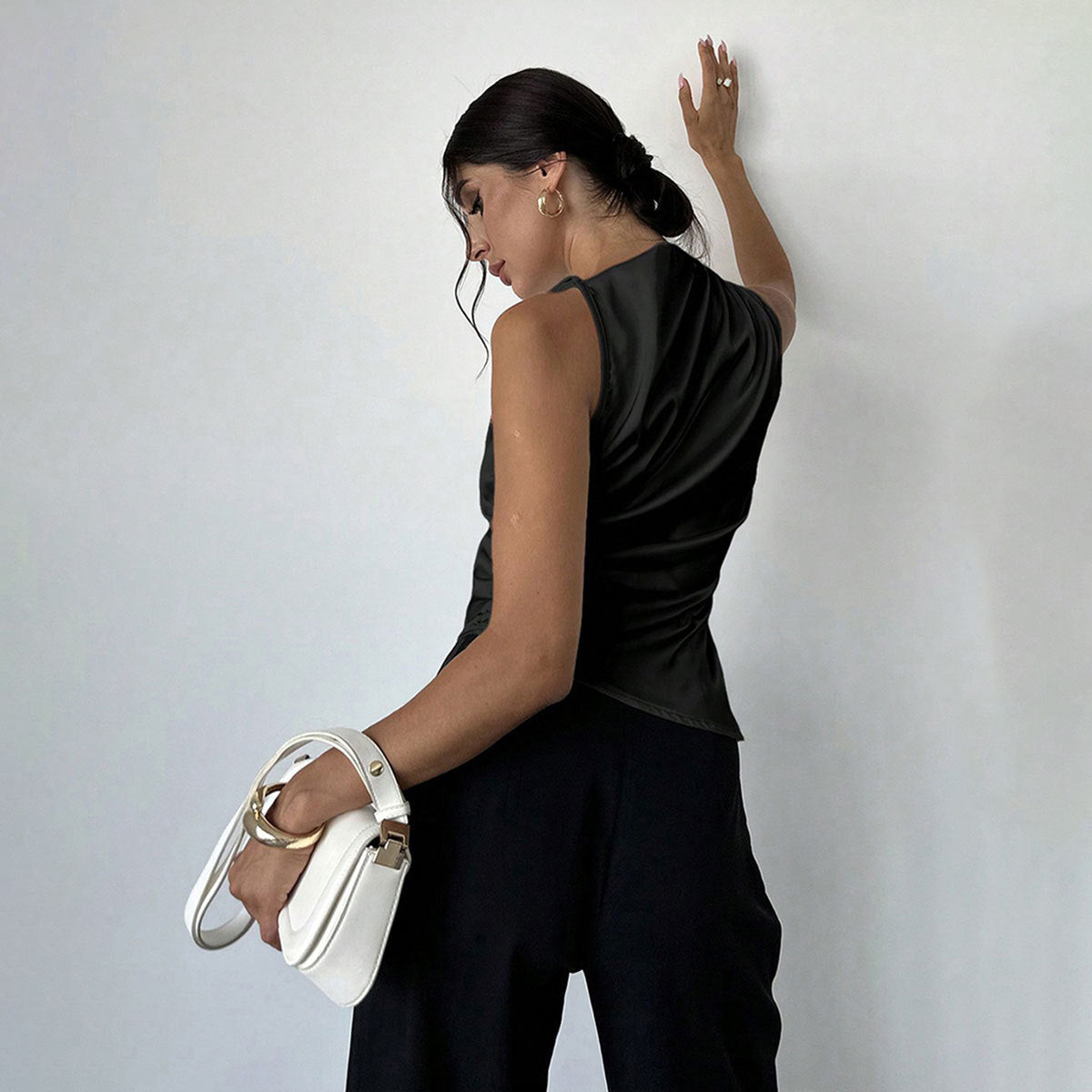 Women's Blouse – Slim Fit – Sleeveless – High Neck – Draped Front – Luxury Fabric