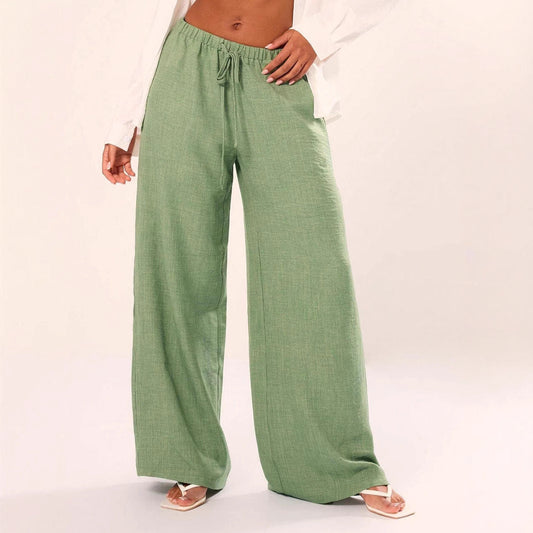 Women's Trousers – Wide Legs – Relaxed Fit – Light Linen Blend – Elastic Waist with Drawstring