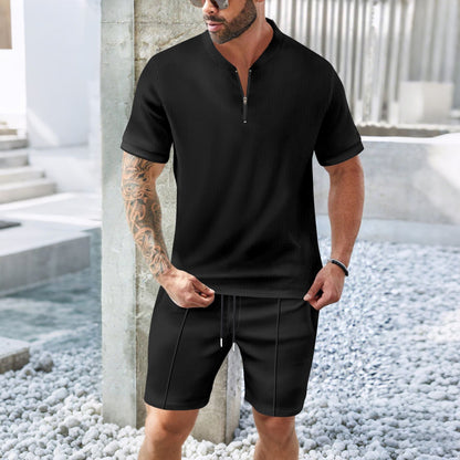 Men's Sports Set – Relaxed Fit – Breathable – Short-Sleeved Top with Zip Neck