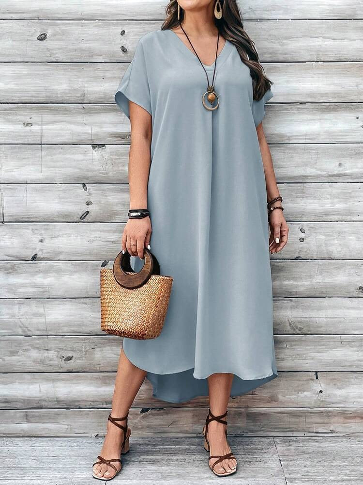 Women's Dress - Loose Fit - V-neck - Short Sleeves - Asymmetric Hem - Light and Airy