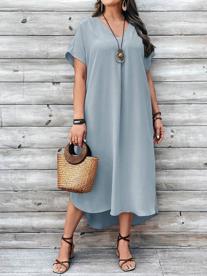 Women's Dress - Loose Fit - V-neck - Short Sleeves - Asymmetric Hem - Light and Airy