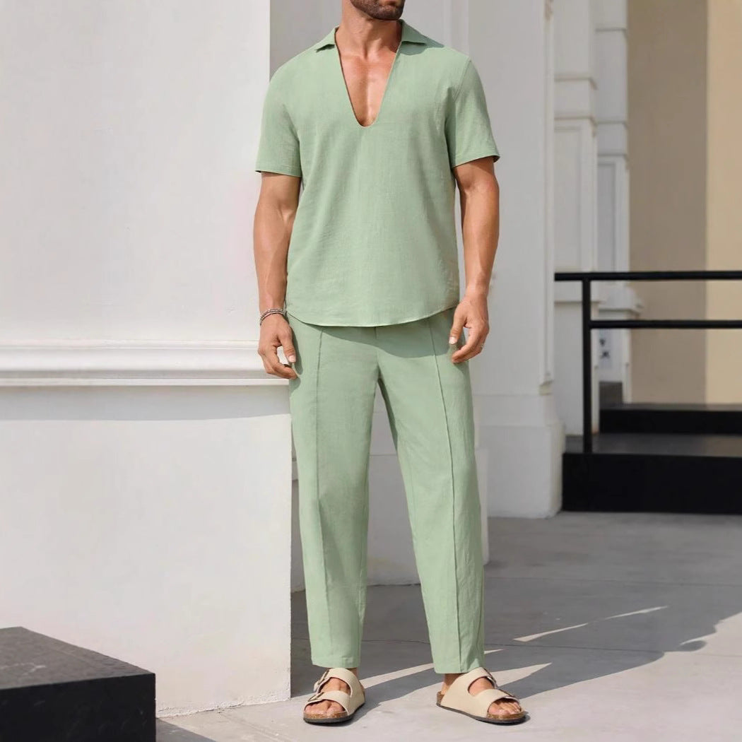 Men's Set – Relaxed Fit – Short-Sleeved Shirt & Straight Pants – Breathable Design