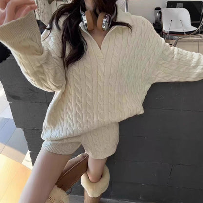 Women's 2-Piece Set – Casual Fit – Soft Wool Feel – High Collar – Cable Structure