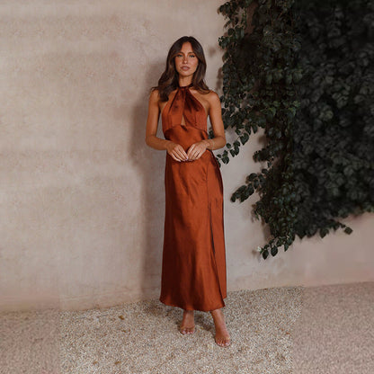 Dress for Women – Halterneck – Fitted Waist – Front Slit – Ankle Length – Luxurious Fabric