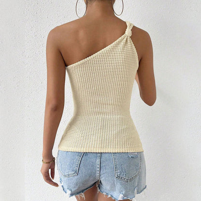 Women's Tank Top – Slim Fit – Textured Knit – One Shoulder with Knot – Cropped