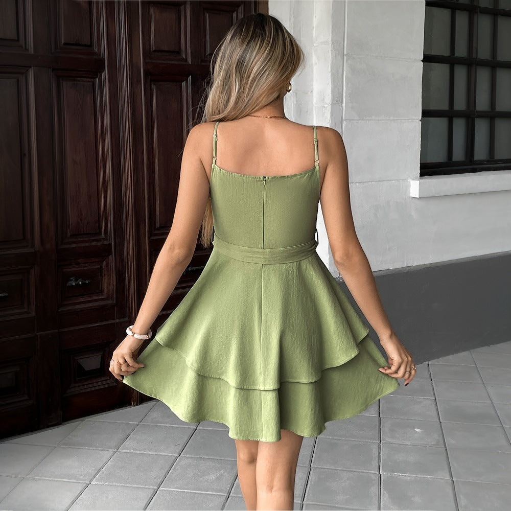 Women's Dress – Mini – Flattering Fit – V-Neck – Spaghetti Straps – Ruched Skirt