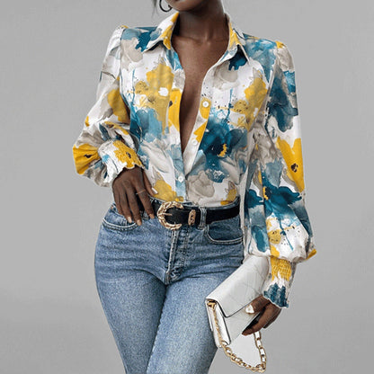 Dame Skjorte – Oversize Pasform – Flæseærmer – Blomsterprint – Smockede Manchetter
