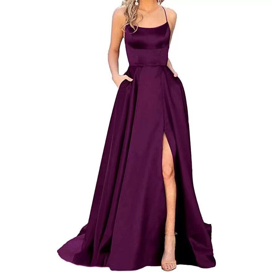 Women's Evening Gown - Sleek A-Line - Spaghetti Straps - Side Slit