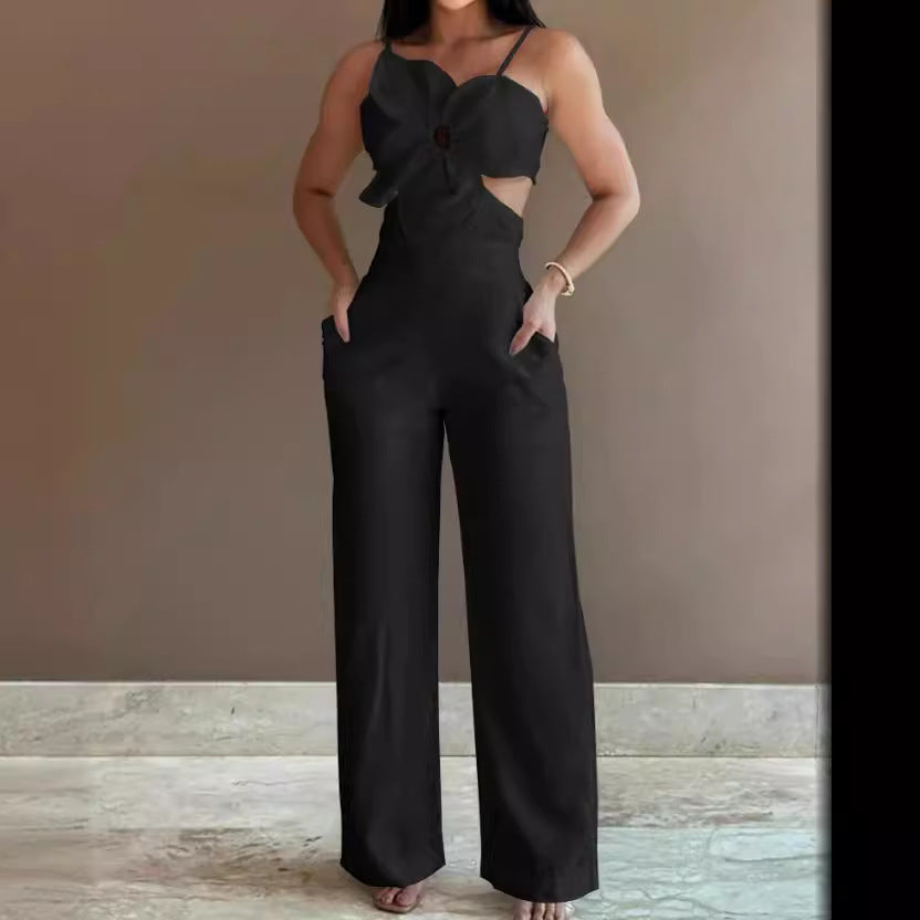 Women's Jumpsuit – Relaxed Fit – Wide Leg – Open Back – Bow Detail – Cutouts