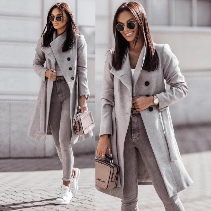 Women's Trench Coat – Tailored Fit – Wool Look – Long Double-Breasted Front