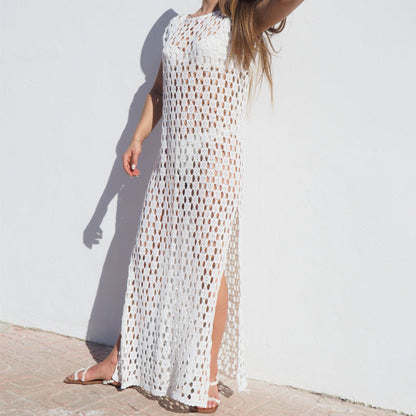 Women's Maxi Dress – Crochet Knit – Sleeveless – Relaxed Fit – Side Slit