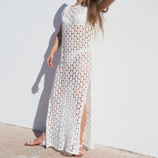 Women's Maxi Dress – Crochet Knit – Sleeveless – Relaxed Fit – Side Slit