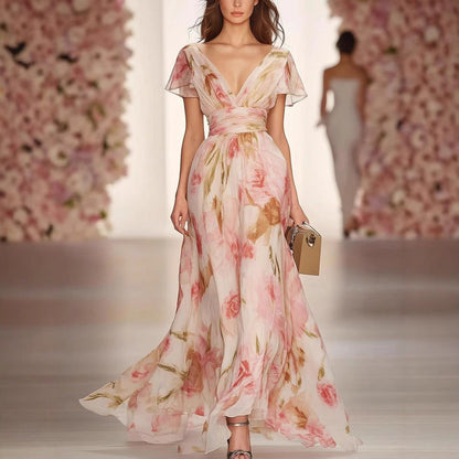 Dame Maxikjole – Fit og Flare – Chiffon – Dyb V-Hals – Blomsterprint – Elegante Ærmer