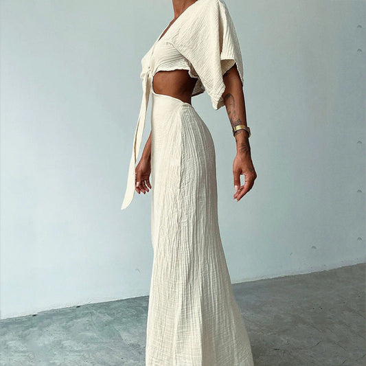 Women's Maxi Dress – Slim Fit – V-Neck – Waist Cutout – Open Back – Short Sleeves