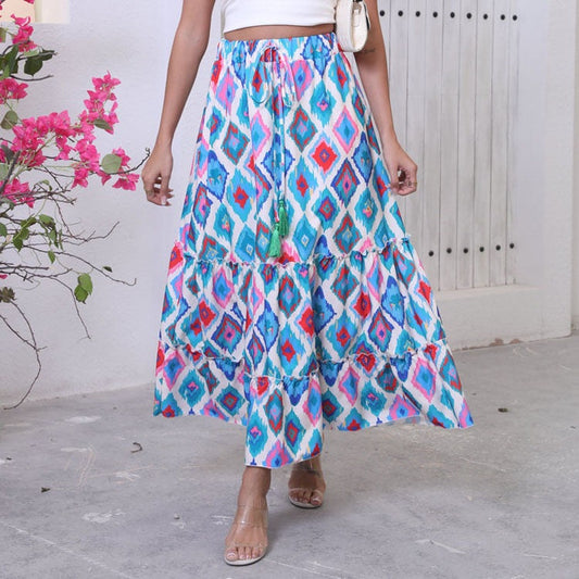 Women's Maxi Skirt – Light and Breathable – Bohemian Style – Layered – Drawstring Closure