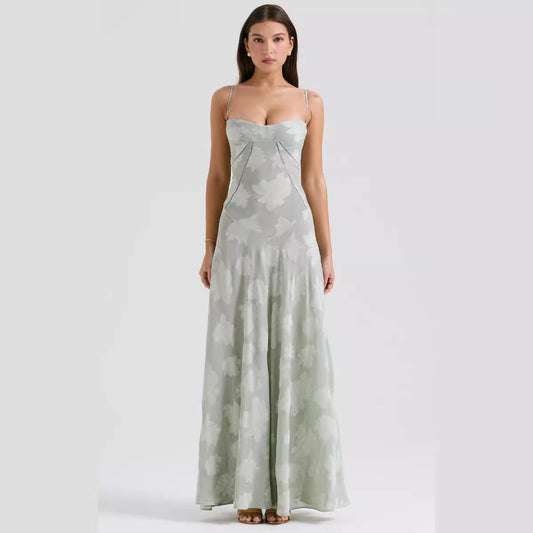 Women's Evening Dress – Chiffon – Slim Fit – Spaghetti Straps – Embroidered Design