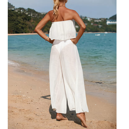 Women's Two-piece Set – Strapless Top – Wide Pants – Breathable Lightweight Fabric