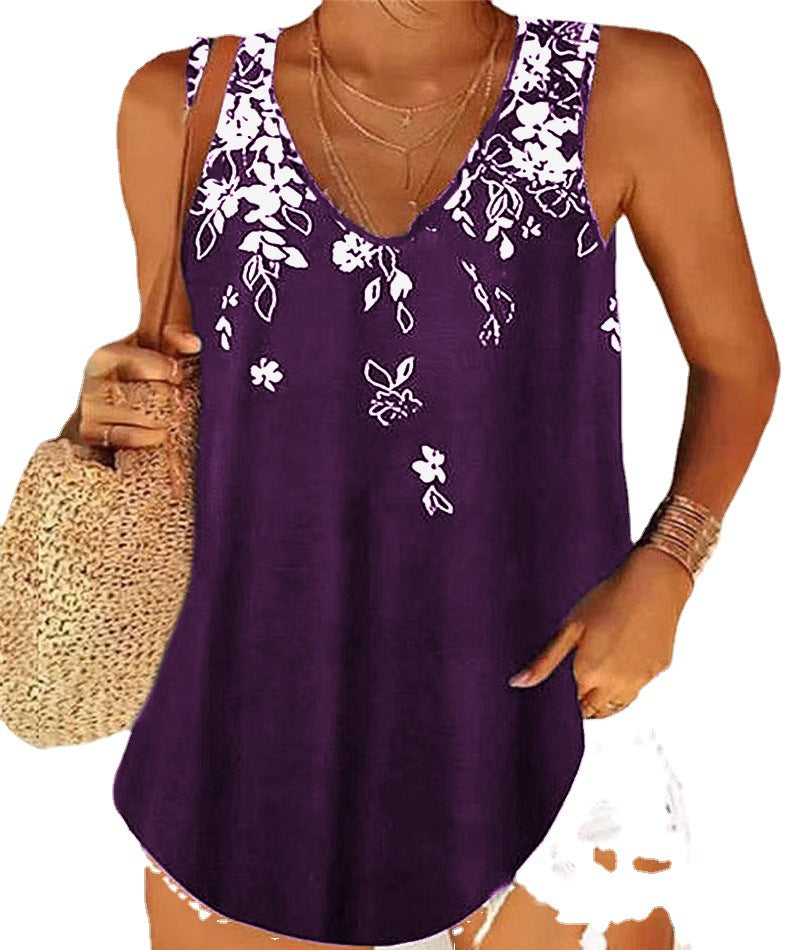 Women's Tank Top – Floral Pattern – V-Neck – Relaxed Fit – Sleeveless Lightweight Quality