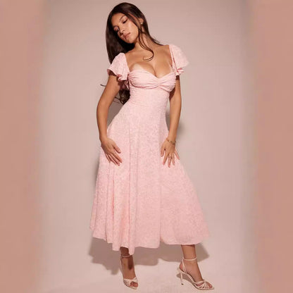 Women's Midi Dress – Jacquard Woven – A-line – Square Neck – Ruffle Sleeves