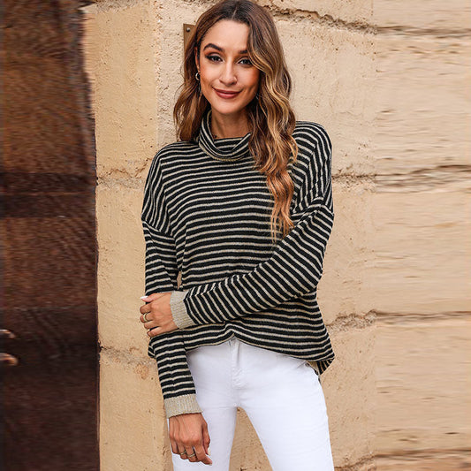 Women's Turtleneck Knit Sweater – Relaxed Fit – Wool Texture – Striped – Ribbed Edges