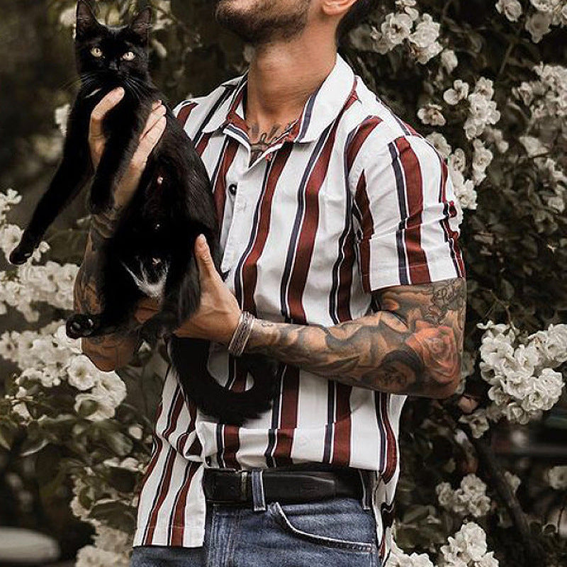 Men's Cardigan – Slim Fit – Short-Sleeved – Vertical Stripes – Soft Breathable Quality