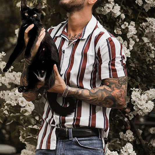 Men's Cardigan – Slim Fit – Short-Sleeved – Vertical Stripes – Soft Breathable Quality