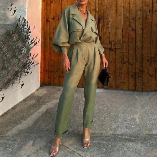 Women's Set – Casual Top with Draped Collar – High-Waisted Slim-Fit Pants