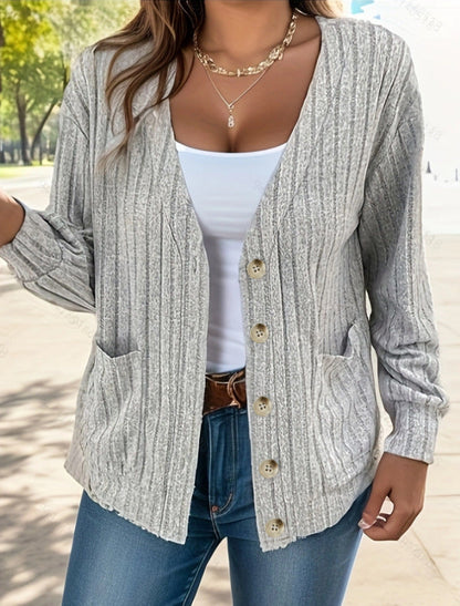 Women's Cardigan – Relaxed Fit – Ribbed Knit – Button Closure – Hip Length – Pockets