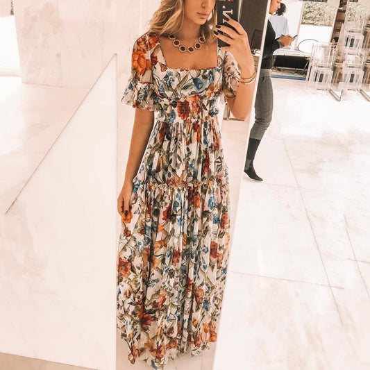 Women's Maxi Dress – Smocked Bodice – Flutter Sleeves – Tiered Skirt – Airy Fit