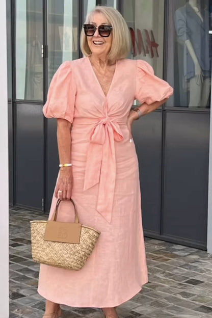 Dress for Women – Midi – Relaxed Fit – V-Neck – Waist Tie – Puff Sleeves – Natural Fibers