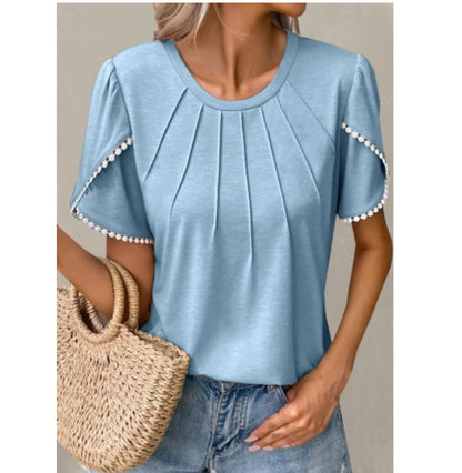 Women's T-shirt – Relaxed Fit – Soft Knit – Ruffle Sleeves – Pleated Front