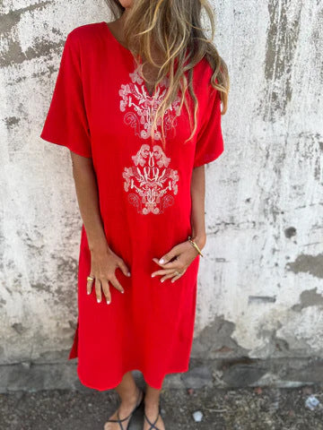Women's Midi Dress – Natural Fibers – Relaxed Fit – Embroidered Front – Short Sleeves