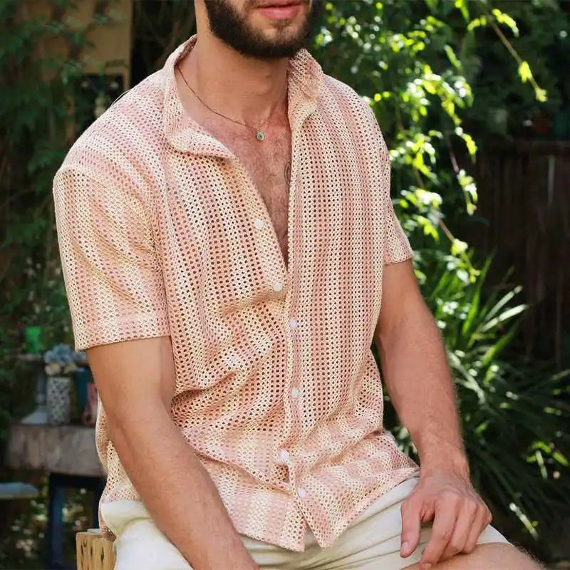 Men's Shirt in Mesh – Relaxed Fit – Short Sleeves – Light and Breathable – Button Closure