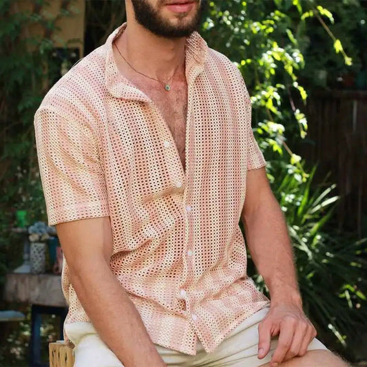 Men's Shirt in Mesh – Relaxed Fit – Short Sleeves – Light and Breathable – Button Closure