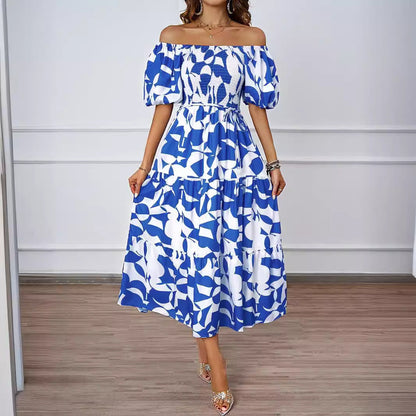 Dress for Women – Off-shoulder Midi – A-line Fit – Puff Sleeves – Shirred Bodice