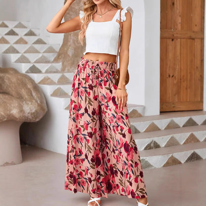 Damebukser – Chiffon – Vidde Ben – Høj Talje – Blomstret Print – Snørelukning
