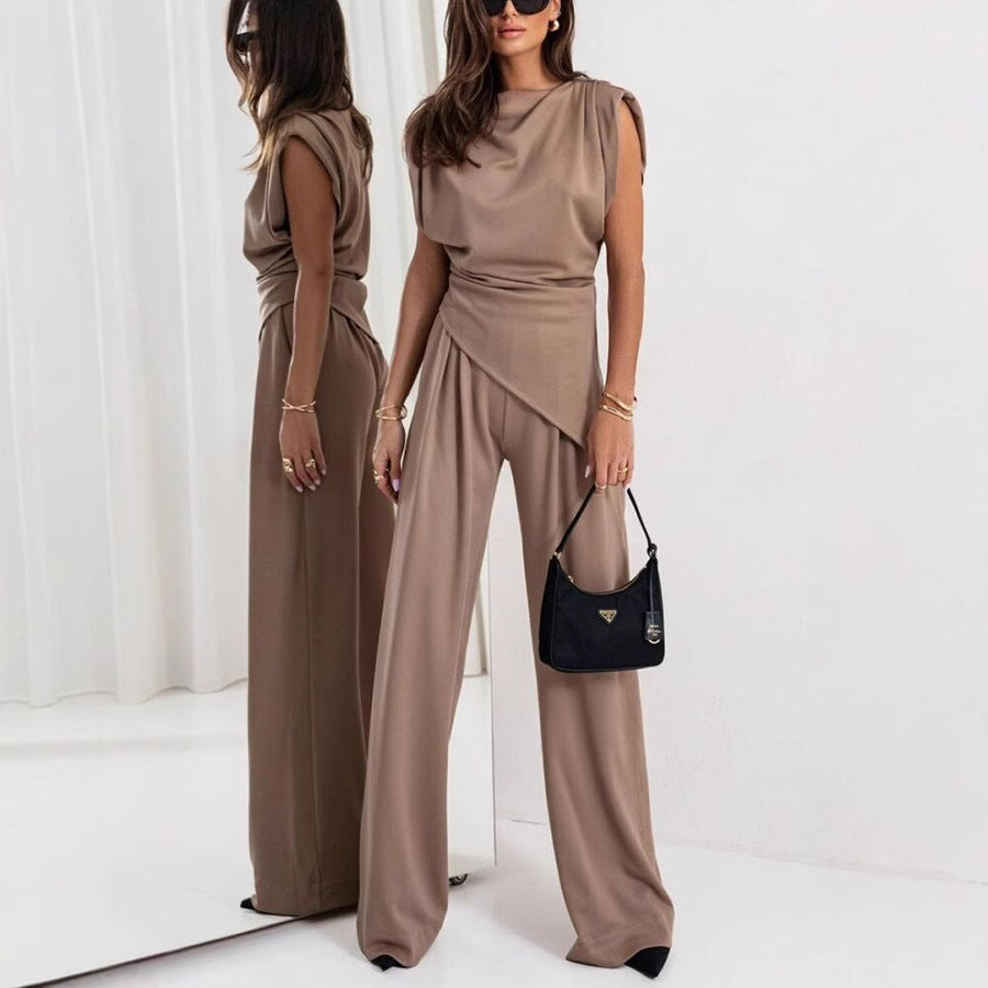 Women's Set – Relaxed Fit – Draped Top – High-Waisted Wide Pants – Luxury Fabric