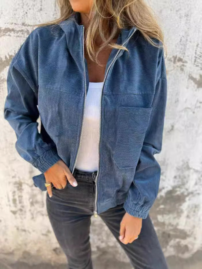 Kvindejakke med hætte – Fløjl – Afslappet pasform – Lynlås – Hverdagsbrug