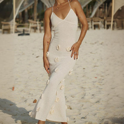 Women's Slip Dress – Slim Fit – Soft Knit – 3D Flowers – Open Back with Tie Strings