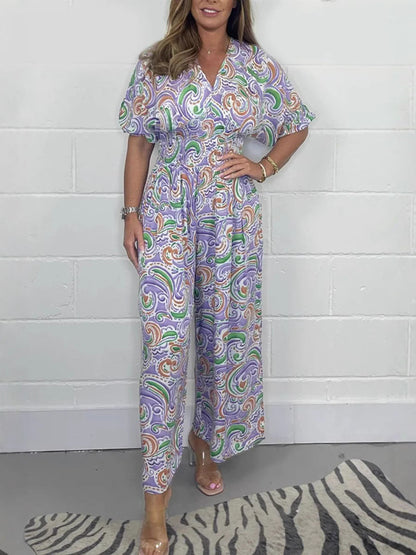 Women's Jumpsuit – Relaxed Fit – Wide Legs – V-neck – Breathable Material – Boho Print
