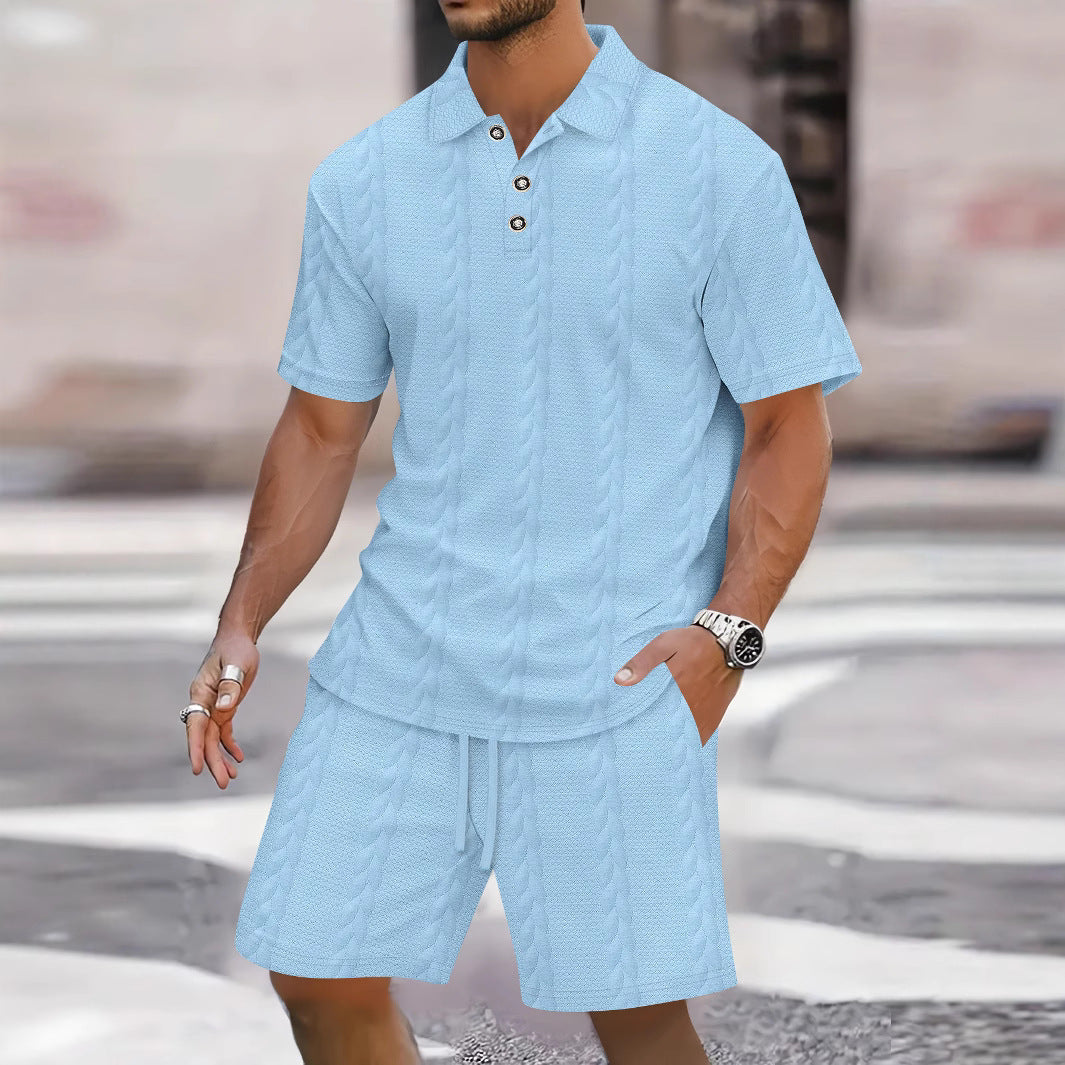 Men's Set with Shirt and Bermuda Shorts – Relaxed Fit – Light Knitted Fabric – Button Closure