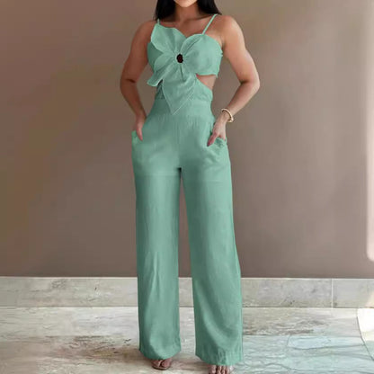 Women's Jumpsuit – Relaxed Fit – Wide Leg – Open Back – Bow Detail – Cutouts