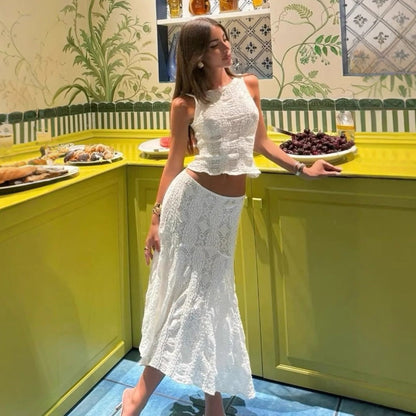 Women's Two-Piece Set – Sleeveless Crop Top – A-line Midi Skirt – Textured Lightweight