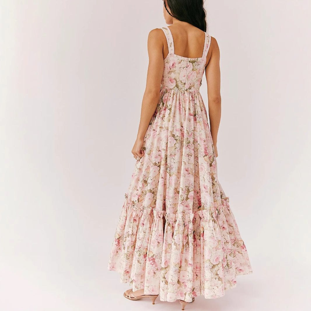 Women's Maxi Dress – Chiffon – Loose A-Line – Pleated – Spaghetti Strap – Floral Print