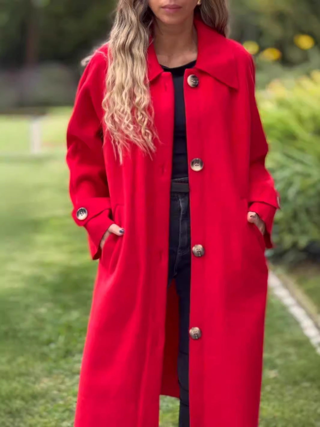 Women's Long Coat – Relaxed Fit – Button Closure – Classic Windbreaker Style